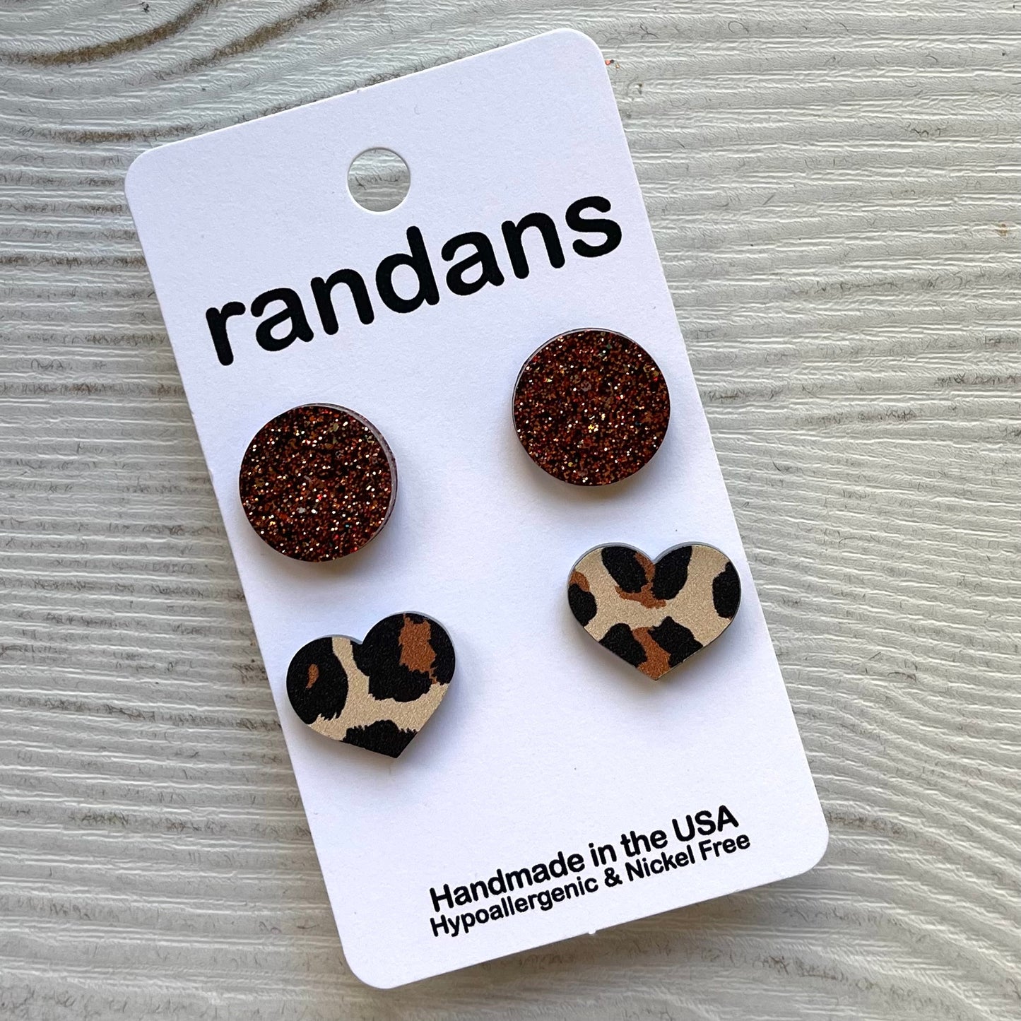 Heart leopard studs with brown 2 pair pack