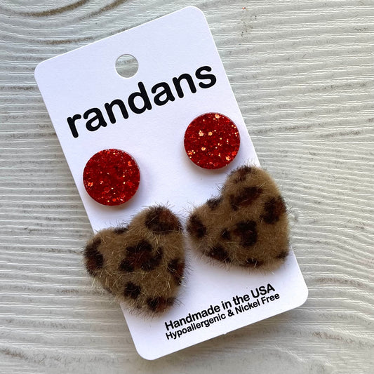 Heart fuzzy leopard studs with red 2 pair pack