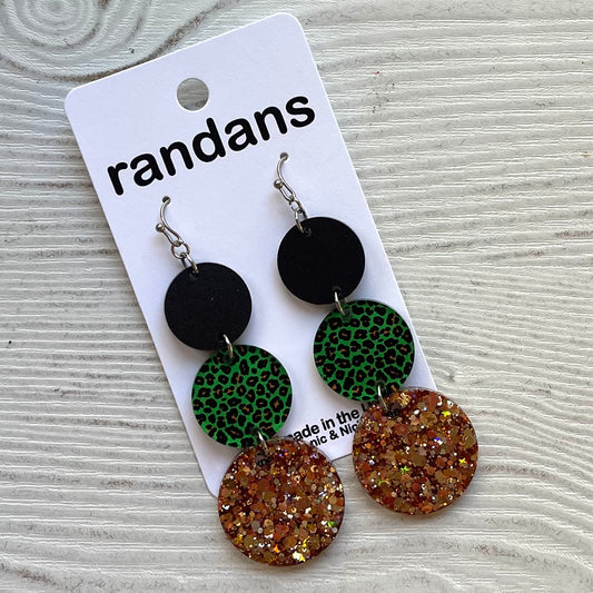 Three tier circle dangle earrings- black green leopard gold