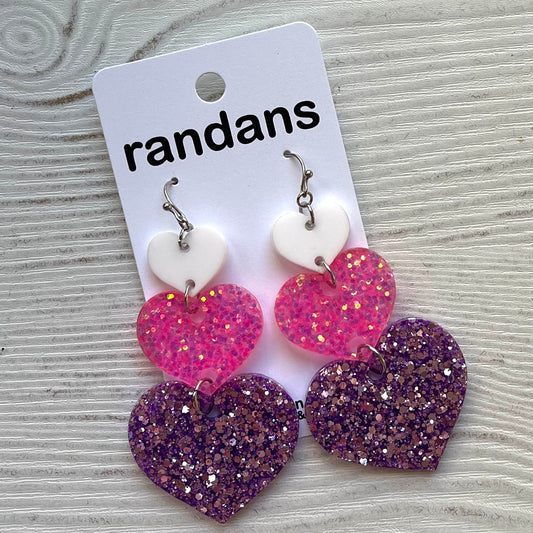 Three tier heart dangle earrings- white pink purple