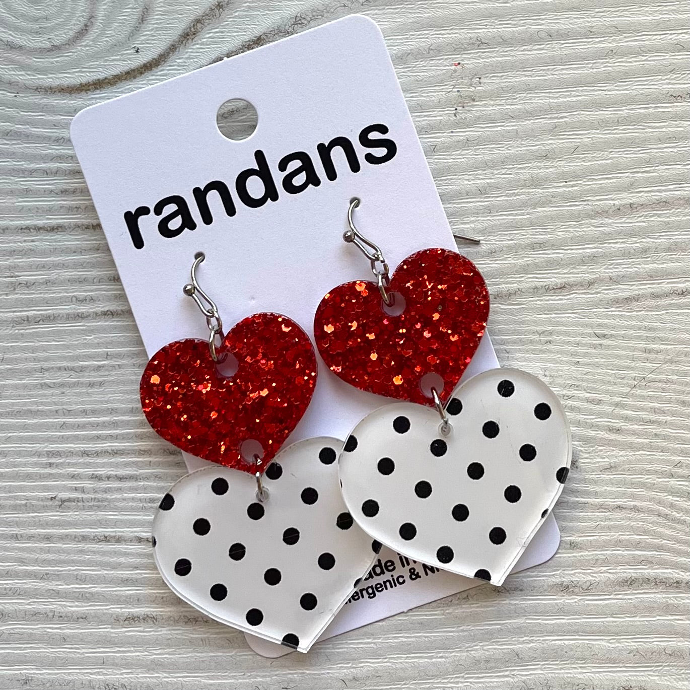Two tier heart dangle earrings- red and polka dots