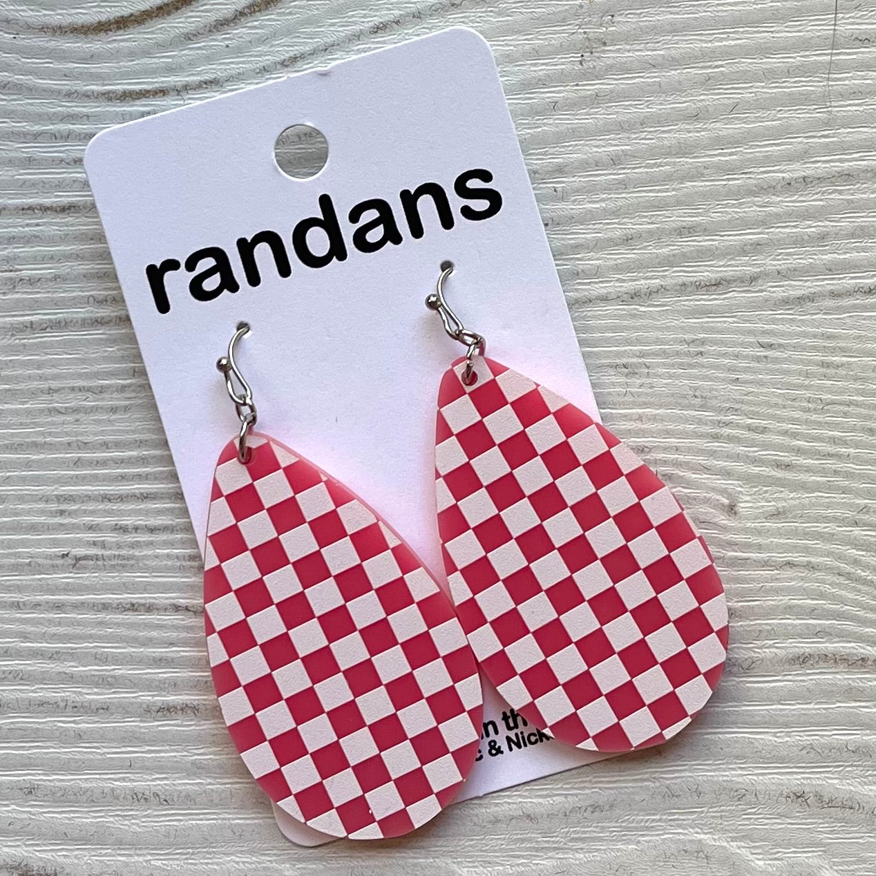Pink and white check dangle earrings