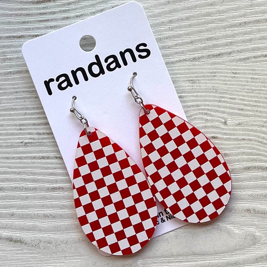 Red and white check dangle earrings