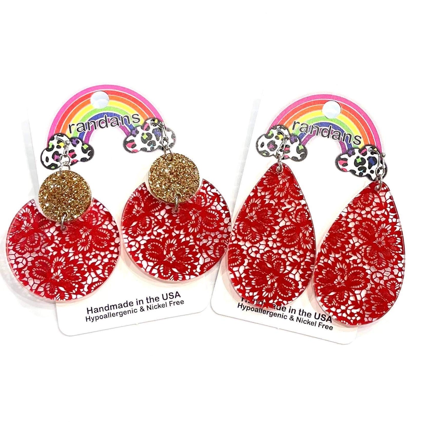 Red Floral Lace Print Earrings- 3 Pair - Choose Your Style